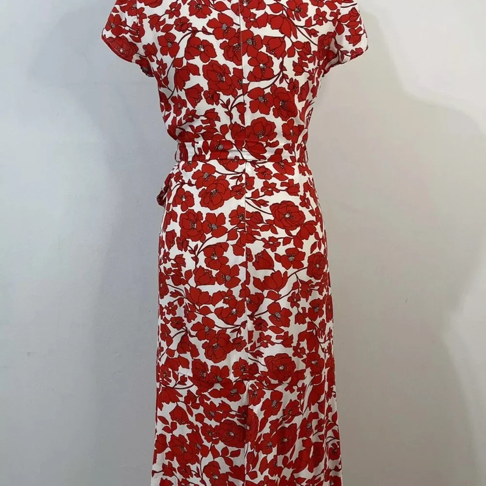 Bardot Fiesta Floral Faux Wrap Midi Dress Size 12 Red Asymmetrical Ruffles NEW - Picture 7 of 12